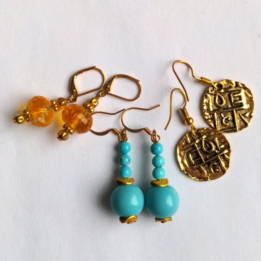 Gold, Turquoise, Citrine Earrings Set of 3, Drop, Dangle.  New. Gold Plated. New